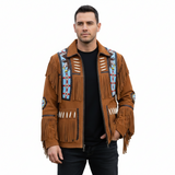 Men’s Western Suede Leather Fringe Jacket with Beadwork Vintage Cowboy Style