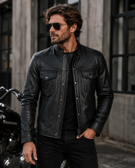 Black sheep Leather Mandarin Collar Shirt - Leather Shirt - Front View