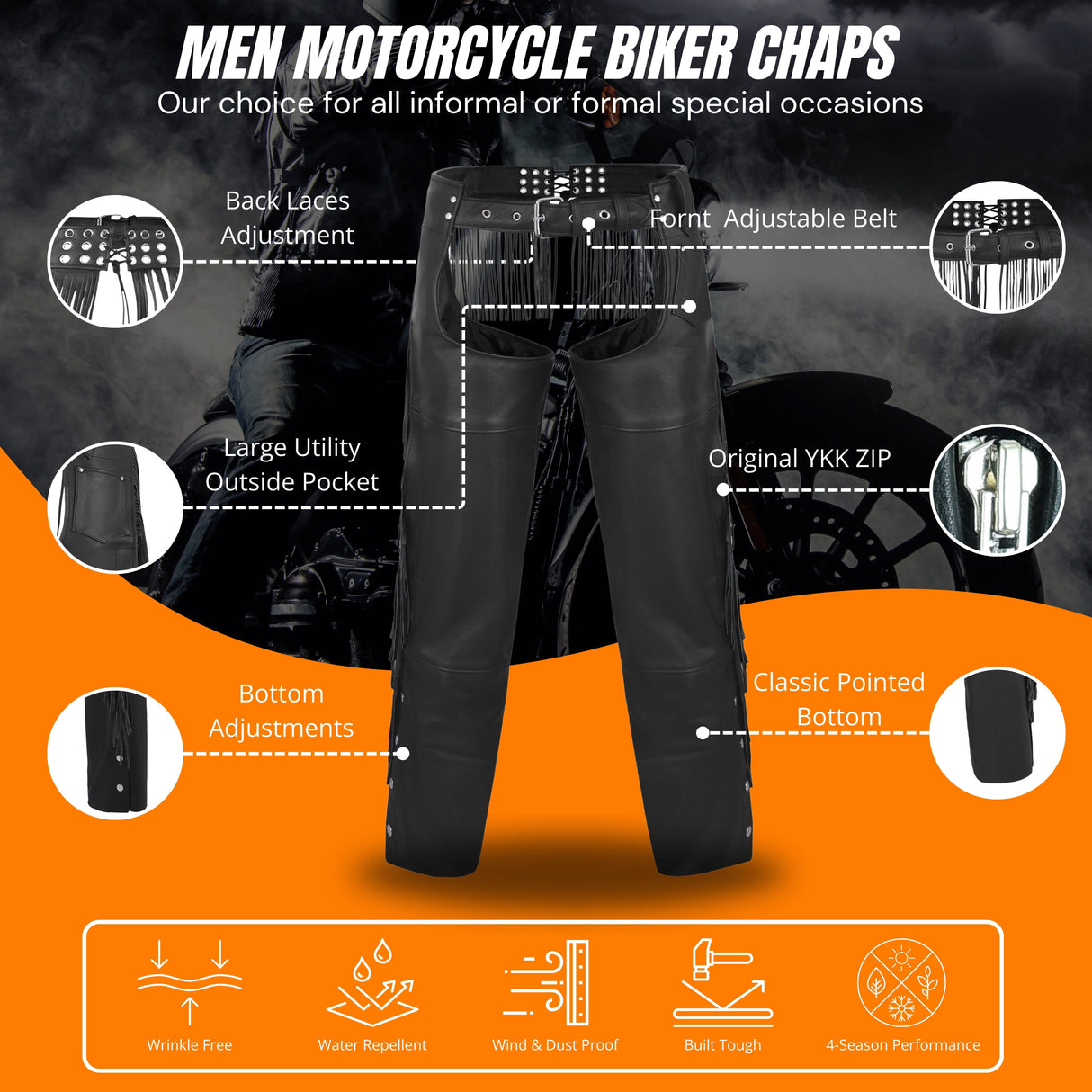Fringe Tassel Motorcycle Riding Bikers Chap-Black
