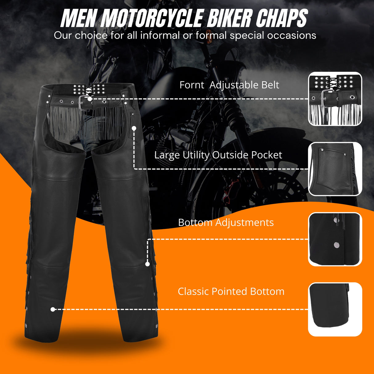 Fringe Tassel Motorcycle Riding Bikers Chap-Black