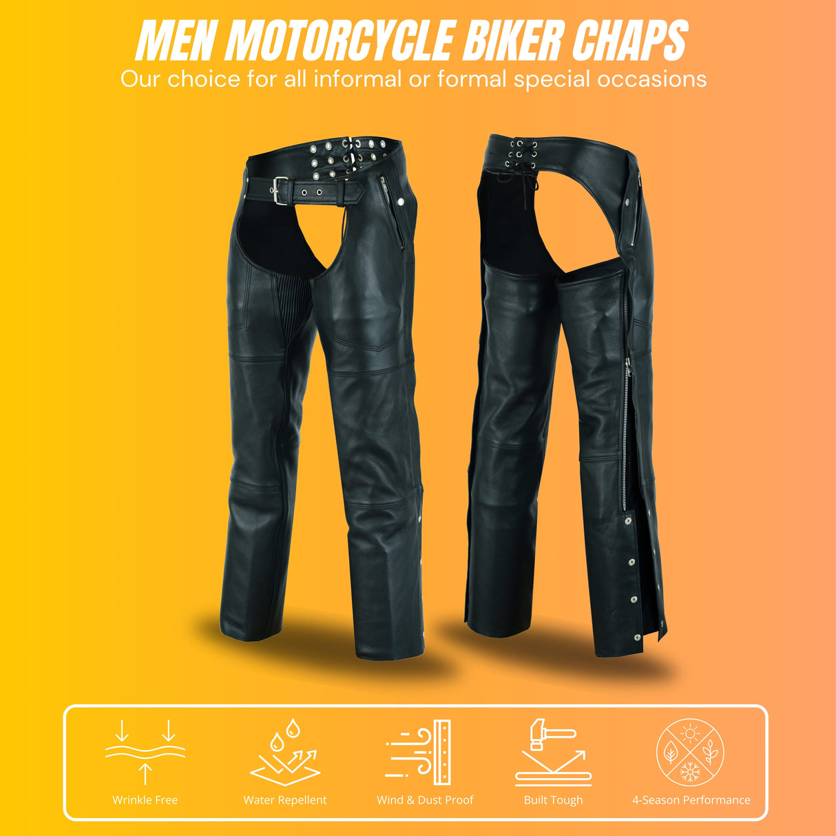 NKD Heavy Buffalo Leather Lined Motorcycle Riding Biker Chap-Black