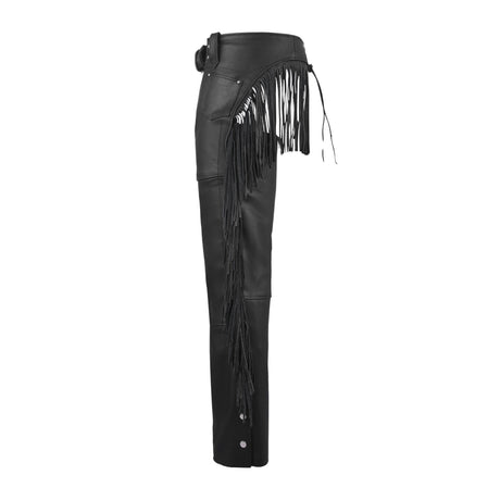 Fringe Tassel Motorcycle Riding Bikers Chap-Black - Leather Chaps - Side & Angle View