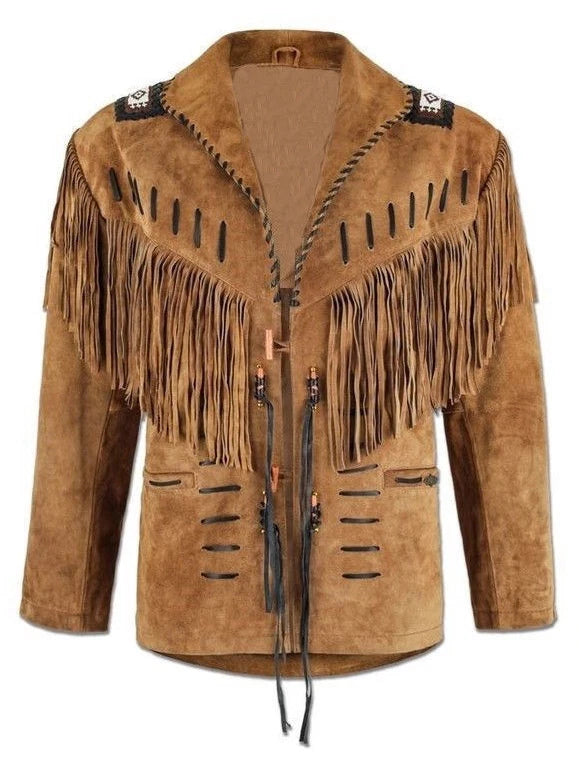 Men’s Cowboy American Leather Fringe Jacket Western Suede Beaded Native Style Coat