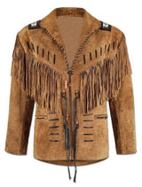 Men’s Cowboy American Leather Fringe Jacket Western Suede Beaded Native Style Coat