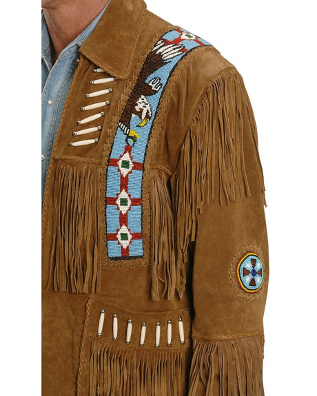 Vintage Brown Western Cowboy Suede Fringe Jacket for Men with Traditional Native American Beadwork