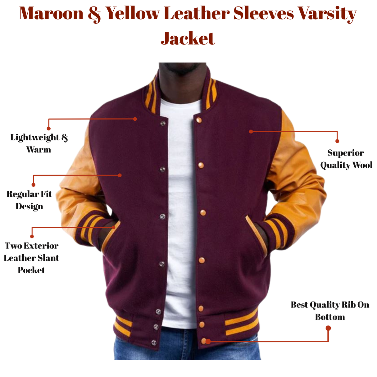 Maroon & Yellow Leather Sleeves Varsity Jacket
