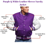 Purple & White Leather Sleeves Varsity Jacket