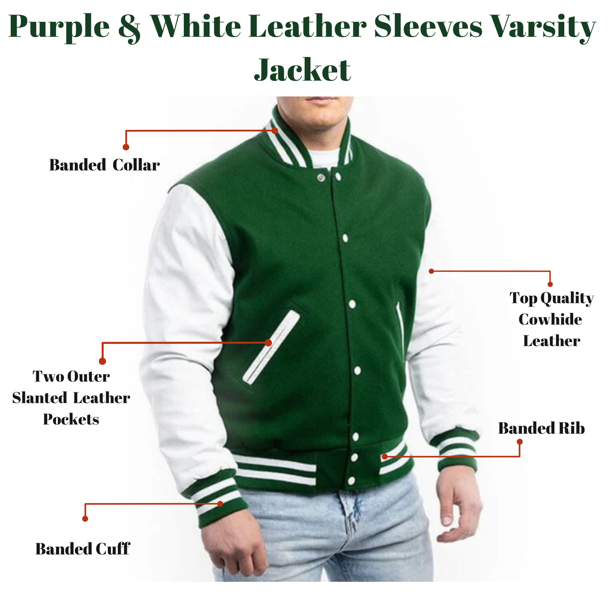 Green Wool & White Sleeves Leather Letterman Jacket