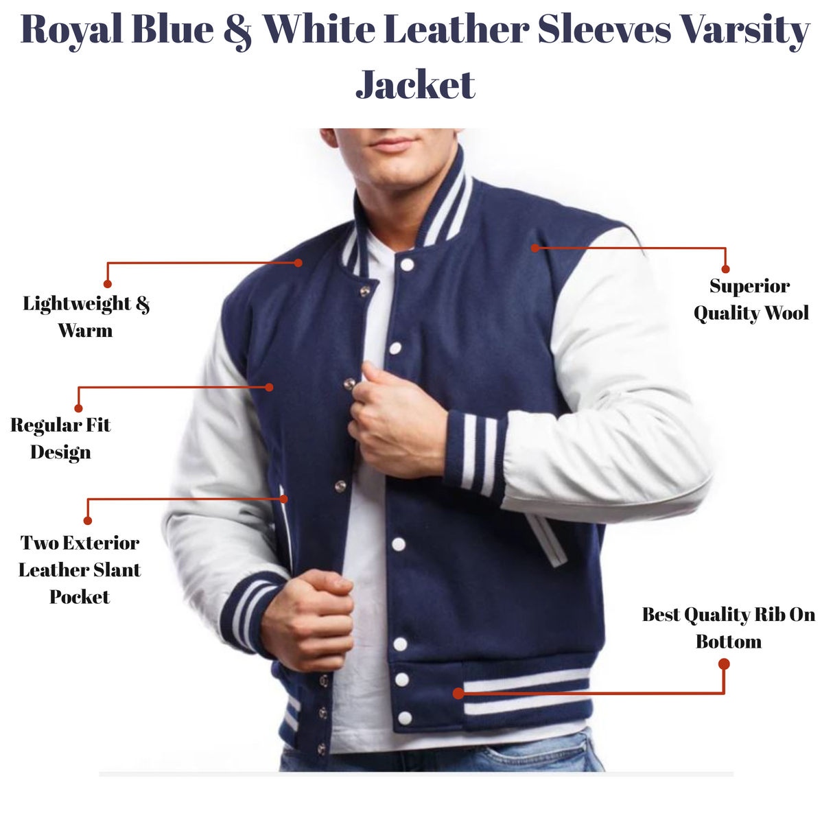 Royal Blue & White Leather Sleeves Varsity Jacket