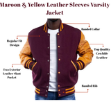 Maroon & Yellow Leather Sleeves Varsity Jacket