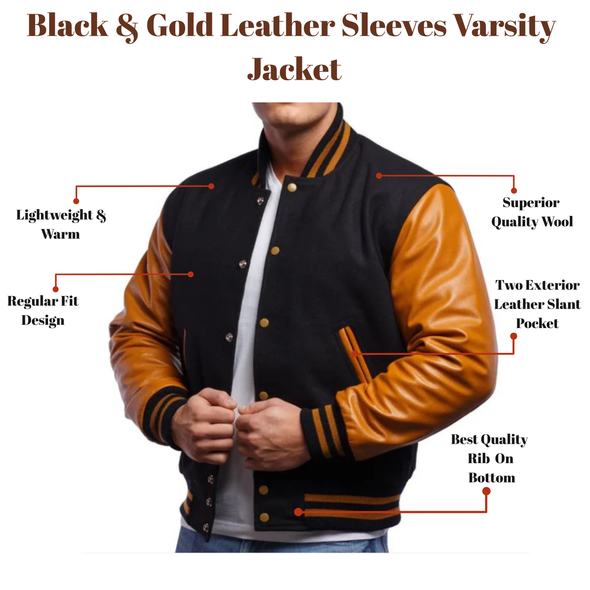 Black & Gold Leather Sleeves Varsity Jacket