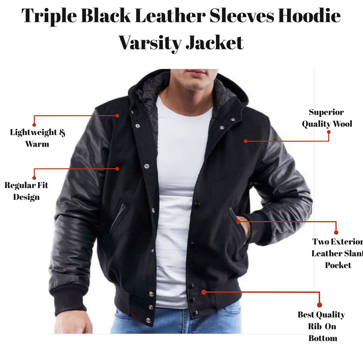 Triple Black Leather Sleeves Hoodie Varsity Jacket