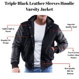 Triple Black Leather Sleeves Hoodie Varsity Jacket