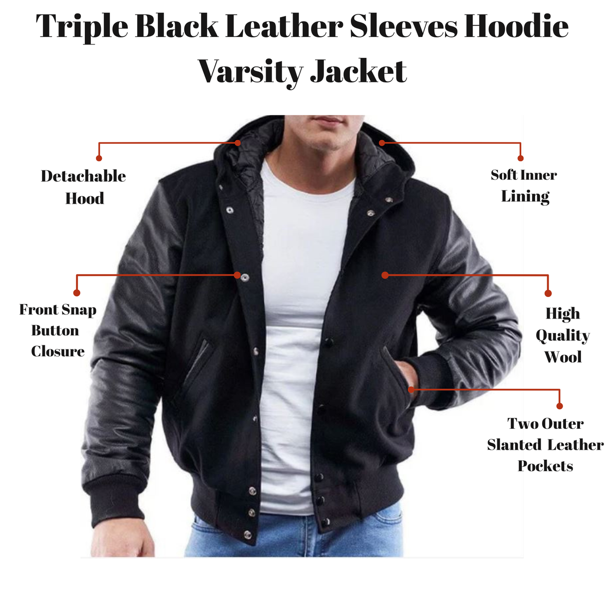 Triple Black Leather Sleeves Hoodie Varsity Jacket