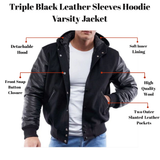 Triple Black Leather Sleeves Hoodie Varsity Jacket