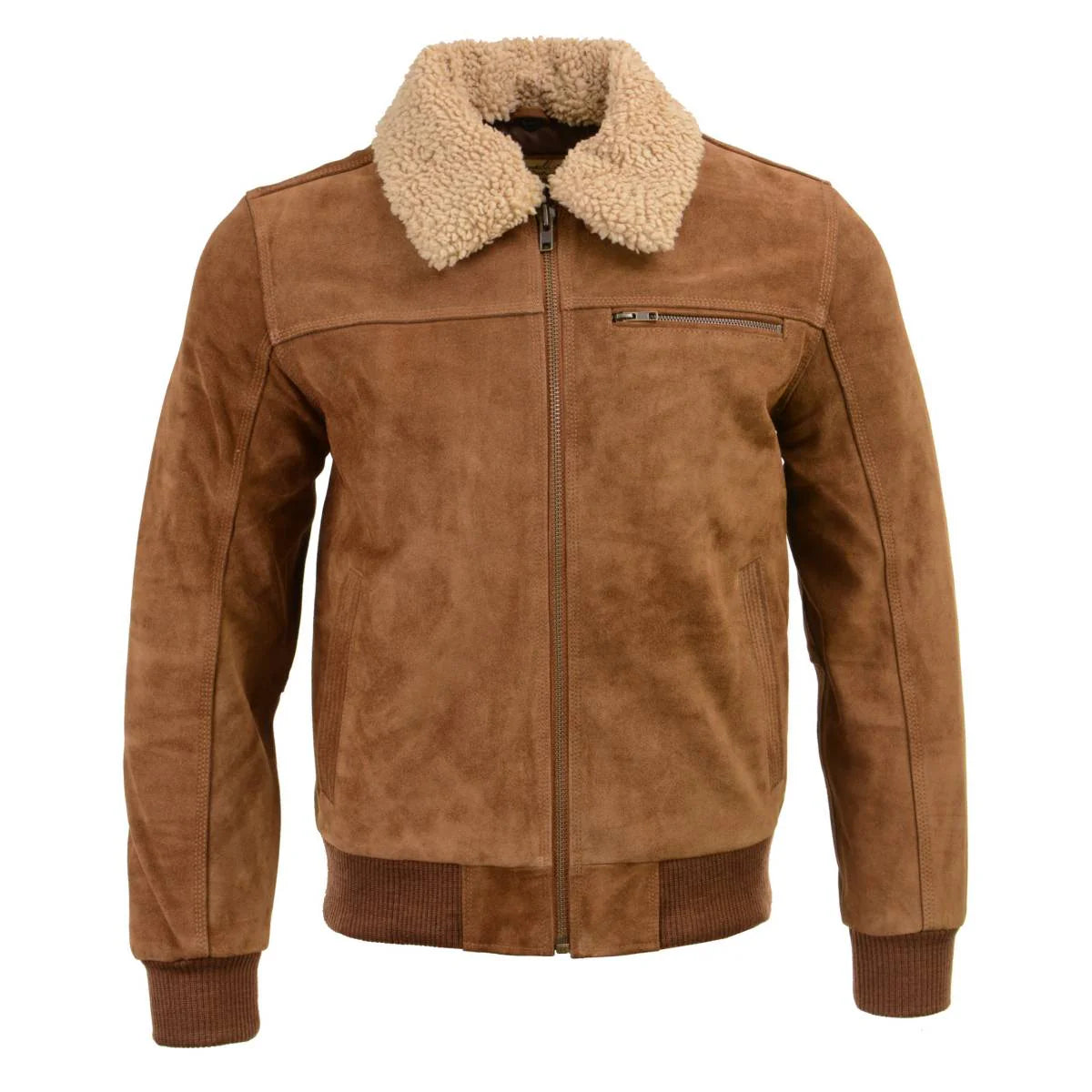 Men's Suede Leather Vintage Bomber Jacket With Shearling Collar - Men leather jackets - Front View