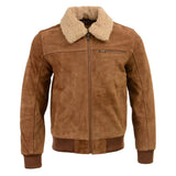 Men's Suede Leather Vintage Bomber Jacket With Shearling Collar - Men leather jackets - Front View