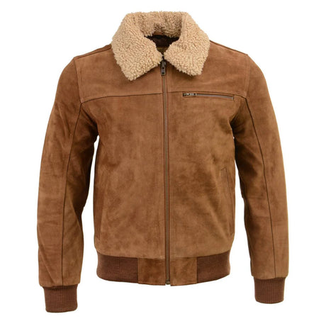 Men's Suede Leather Vintage Bomber Jacket With Shearling Collar - Men leather jackets - Front View
