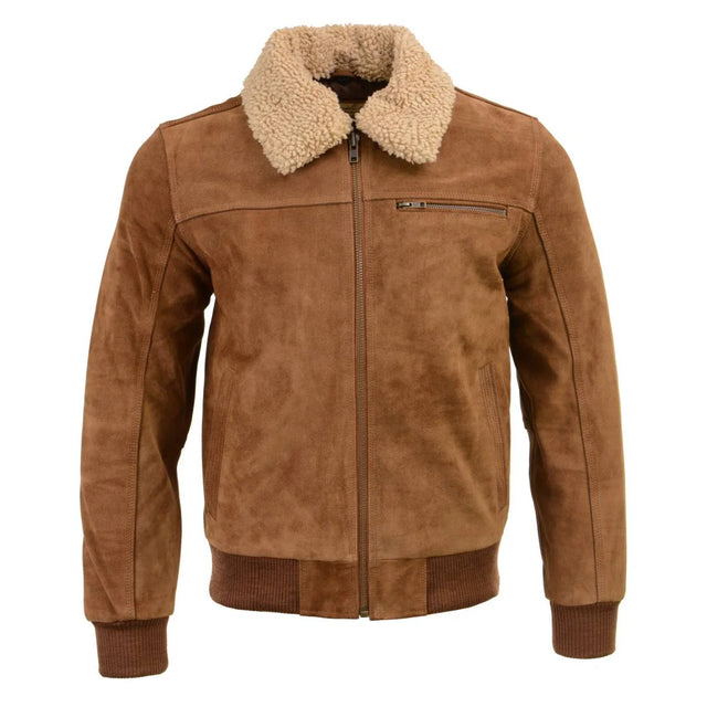 Men's Suede Leather Vintage Bomber Jacket With Shearling Collar - Men leather jackets - Front View