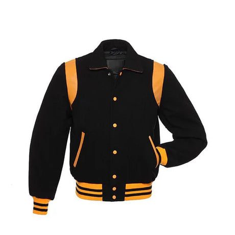 Men's Black Varsity Letterman Jacket - Yellow Shoulder Patches Style - Varsity Jackets - Front View