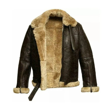 Genuine Sheep Skin Leather RAF Flight Aviator Jacket With Fur Wool Lining - Men leather jackets - Front View