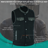 Men's Motorcycle Denim OUTLAW SOA Club Style Vest with Side Laces (WC58612BLACK)