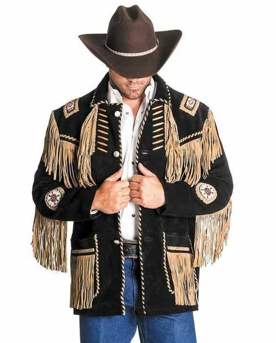 Western Cowboy Suede Fringe Jacket for Men, Handmade Beaded Native American Leather Jacket