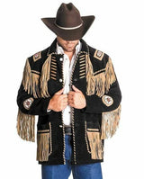 Western Cowboy Suede Fringe Jacket for Men, Handmade Beaded Native American Leather Jacket