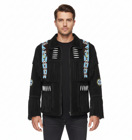 Men’s Suede Fringe Leather Jacket – Western Cowboy Native American Style Outerwear