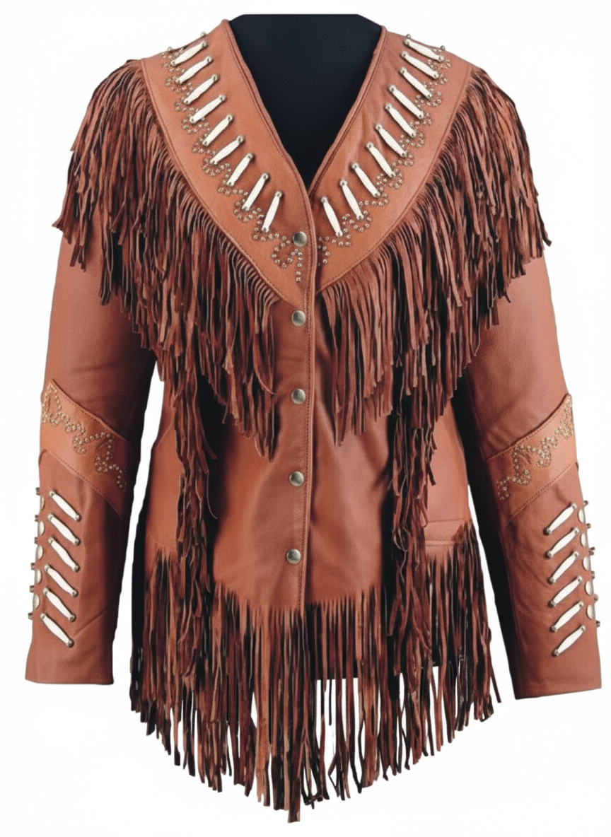 Women’s Real Leather Western Fringe Jacket with Contrast Trim & Beaded Detail