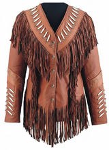 Women’s Real Leather Western Fringe Jacket with Contrast Trim & Beaded Detail
