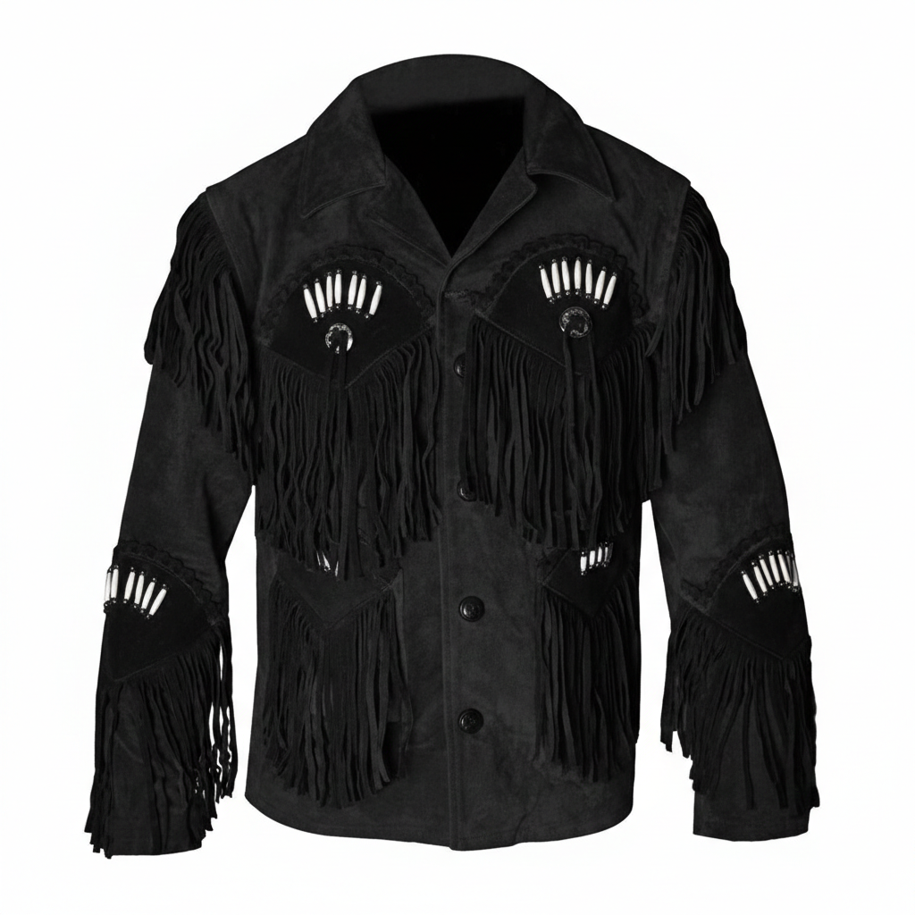 Men’s Western Cowboy Suede Leather Jacket with Fringe & Native American Beadwork
