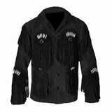 Men’s Western Cowboy Suede Leather Jacket with Fringe & Native American Beadwork