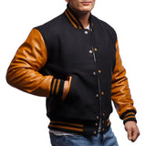 Black & Gold Leather Sleeves Varsity Jacket