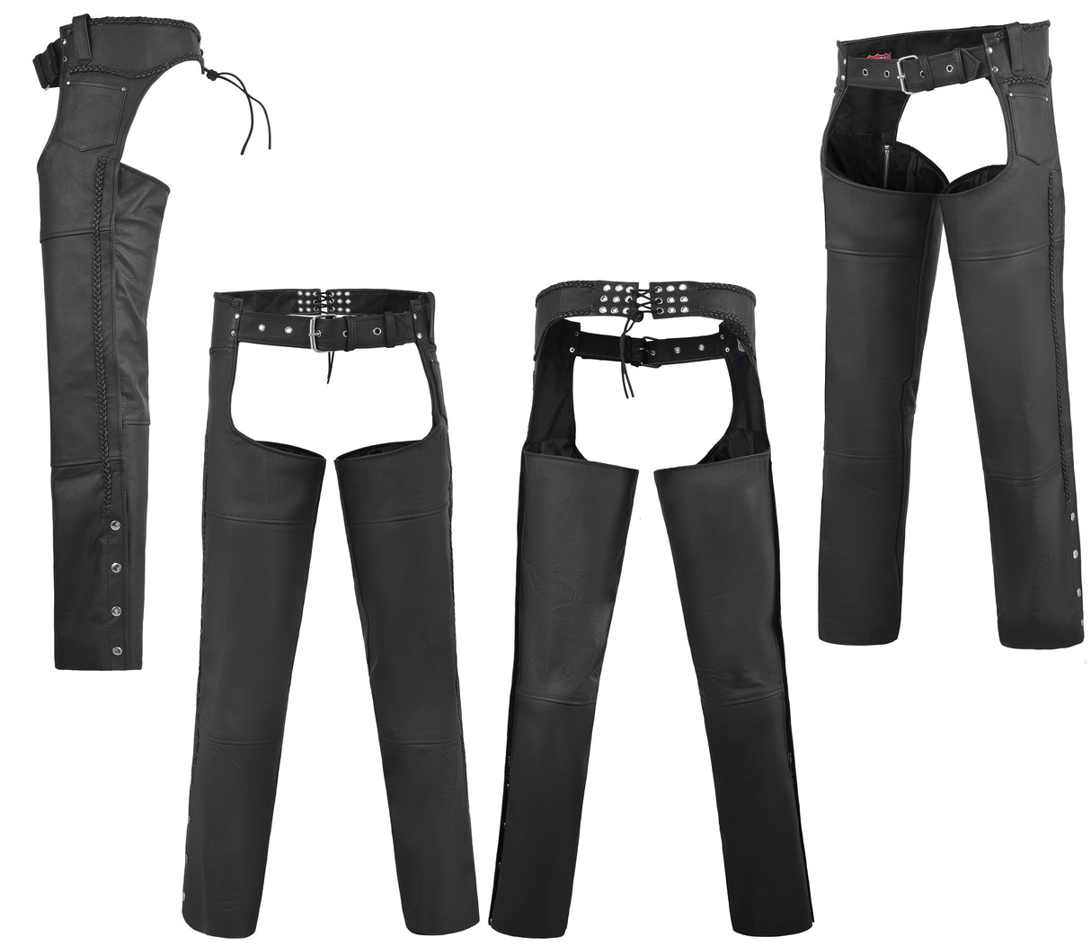 Classic Black Braided Style Leather Motorcycle Chap for Riding Easy Fit