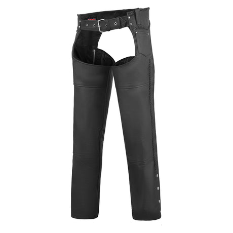 Classic Black Braided Style Leather Motorcycle Chap for Riding Easy Fit