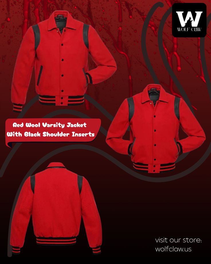 Red Wool Varsity Jacket With Black Shoulder Inserts