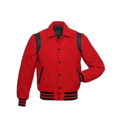 Red Wool Varsity Jacket With Black Shoulder Inserts - Varsity Jackets - Front View