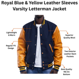 Royal Blue & Yellow Leather Sleeves Varsity Letterman Jacket