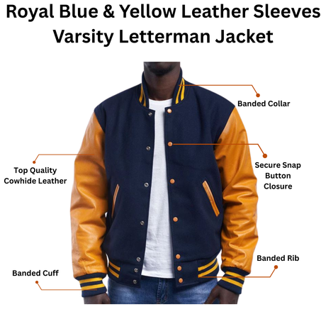 Royal Blue & Yellow Leather Sleeves Varsity Letterman Jacket