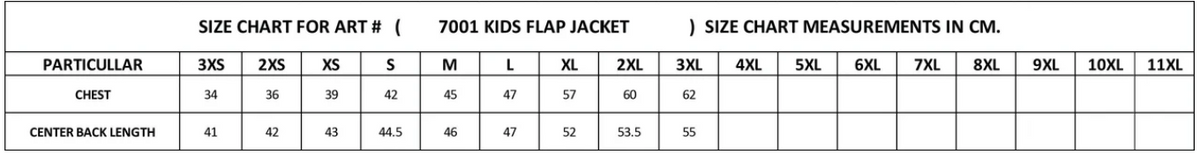 Kids leather motorcycle jacket size chart with chest, center back length, and sleeve sizes