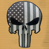 WCEP12 Skull with White & Grey Straps, Stars & Black Embroidery Iron-On Patch | Motorcycle Biker Vest - Patches - Side & Angle View