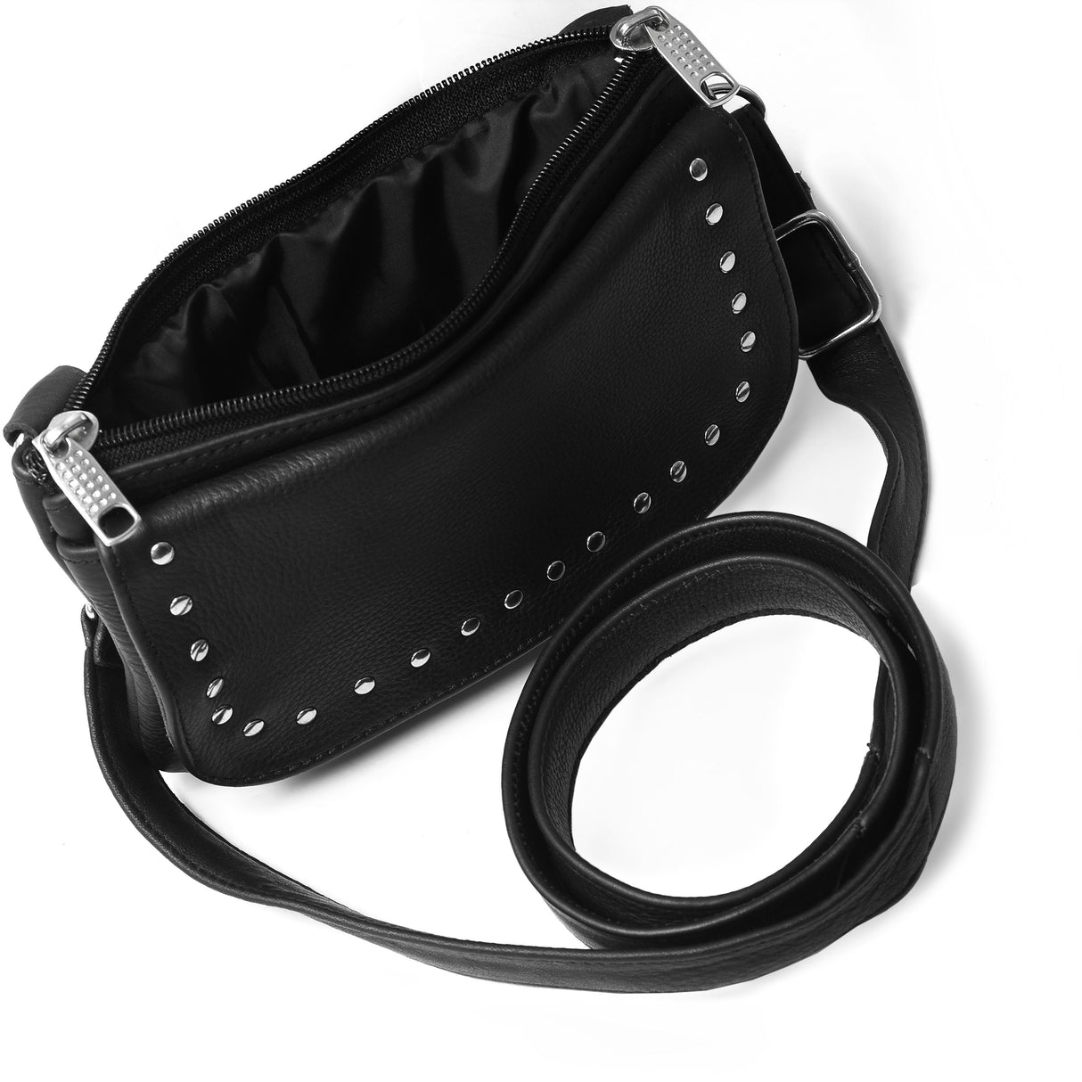 WC15108STUD Women's Black Studded Hip Bag – Trendy & Edgy Accessory - Leather bags - Side & Angle View