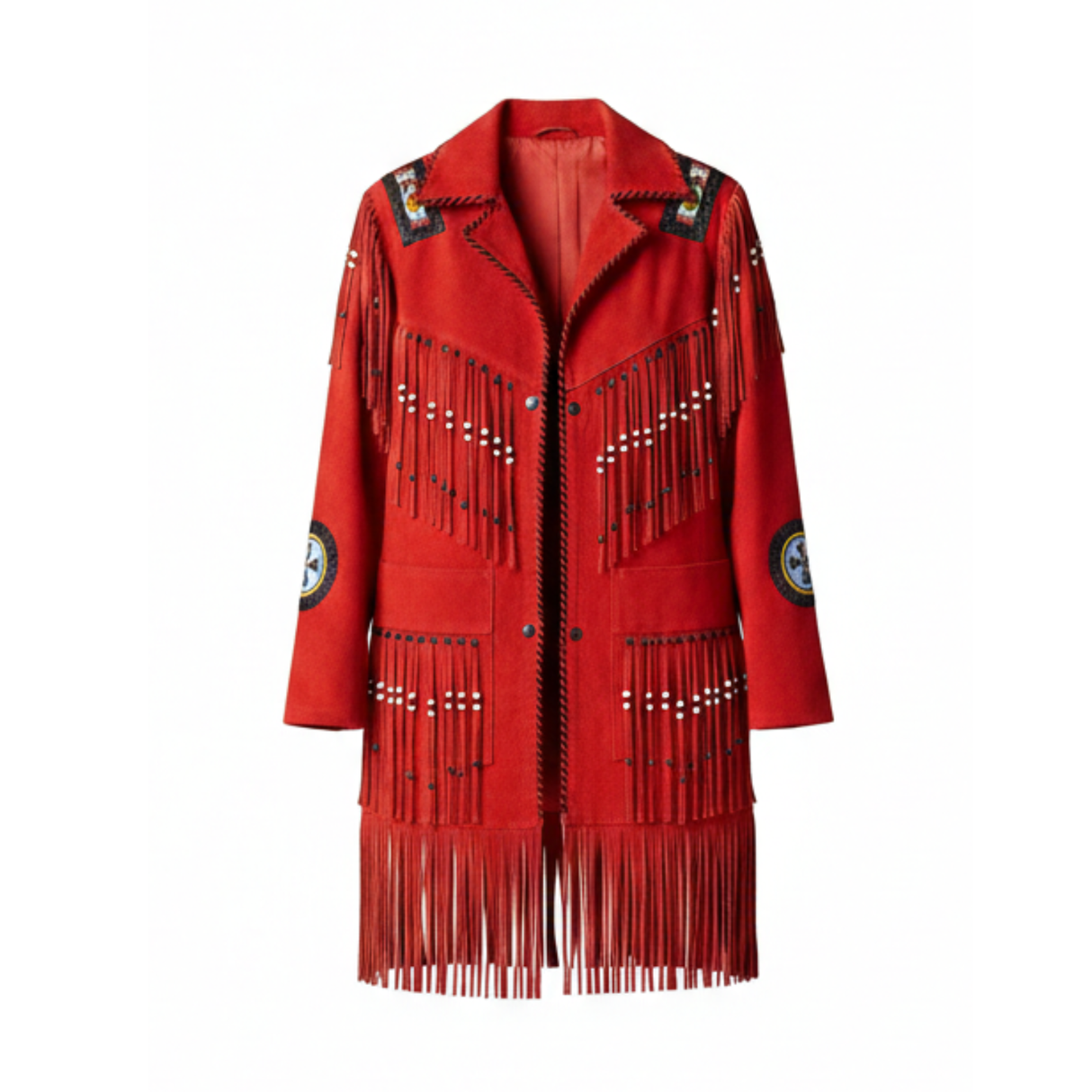 Women’s Premium Red Suede Leather Fringed Jacket – Hand-Beaded Western Style