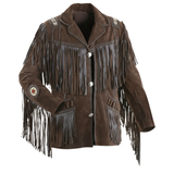 Men’s Genuine Suede Leather Western Cowboy Fringe Jacket – Beaded Native American Style