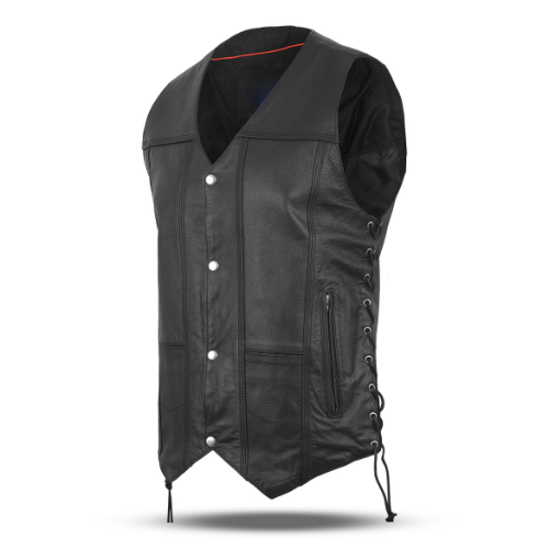 WCMV0453SPT Black Men Genuine Leather 10 Pockets Motorcycle Biker Vest ANARCHY Black SOA
