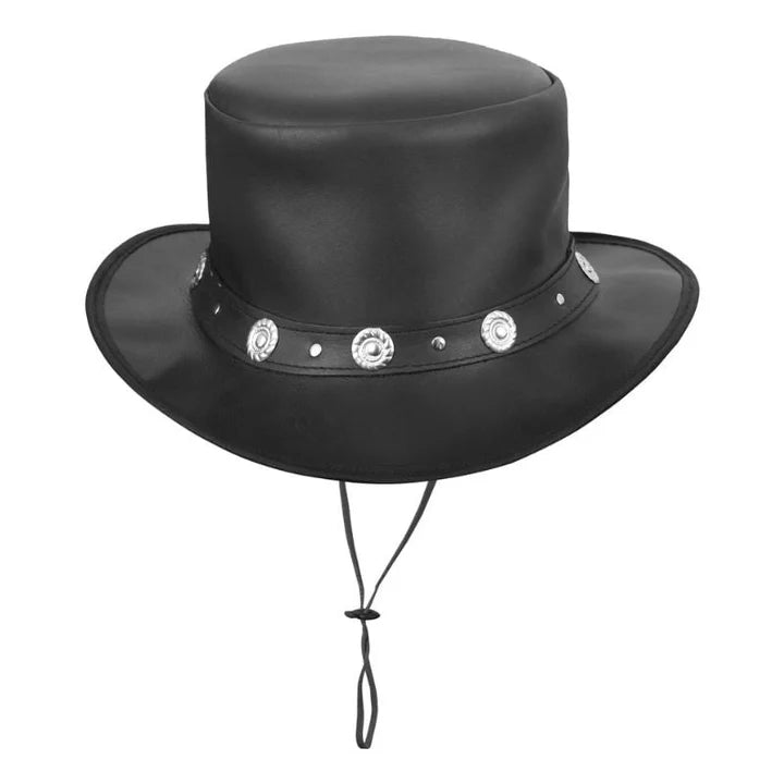 Western-Style Black Leather Top Hat 100% Genuine Leather, Unisex