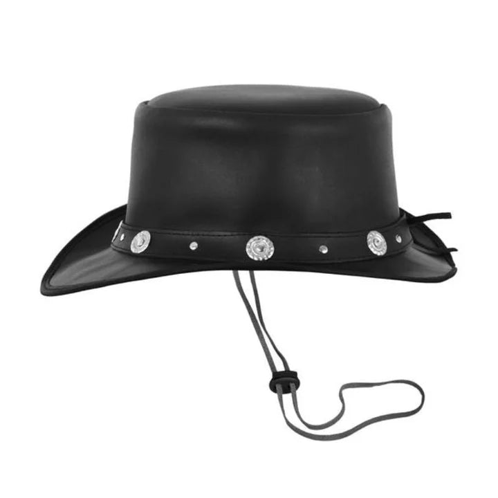 Western-Style Black Leather Top Hat 100% Genuine Leather, Unisex