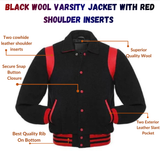 Black Wool Varsity Jacket With Red Shoulder Inserts