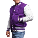 Purple & White Leather Sleeves Varsity Jacket